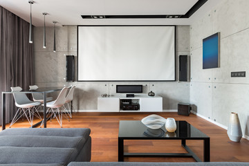 Home interior with projector scree
