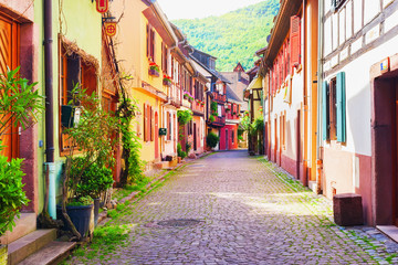 Colorful houses in picturesque street, Kaysersberg, Alsace, France