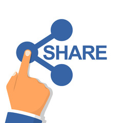Hand pressing sharing button. Icon share. Vector illustration flat design. Isolated on white abstract background. Gesture of finger pressing share button. Social media concept. Click connection.
