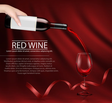 Vector illustration, bright realistic poster with a hand holding a glass wine bottle and pouring red wine into a glass. Template, moc up, layout for advertising, design, branding