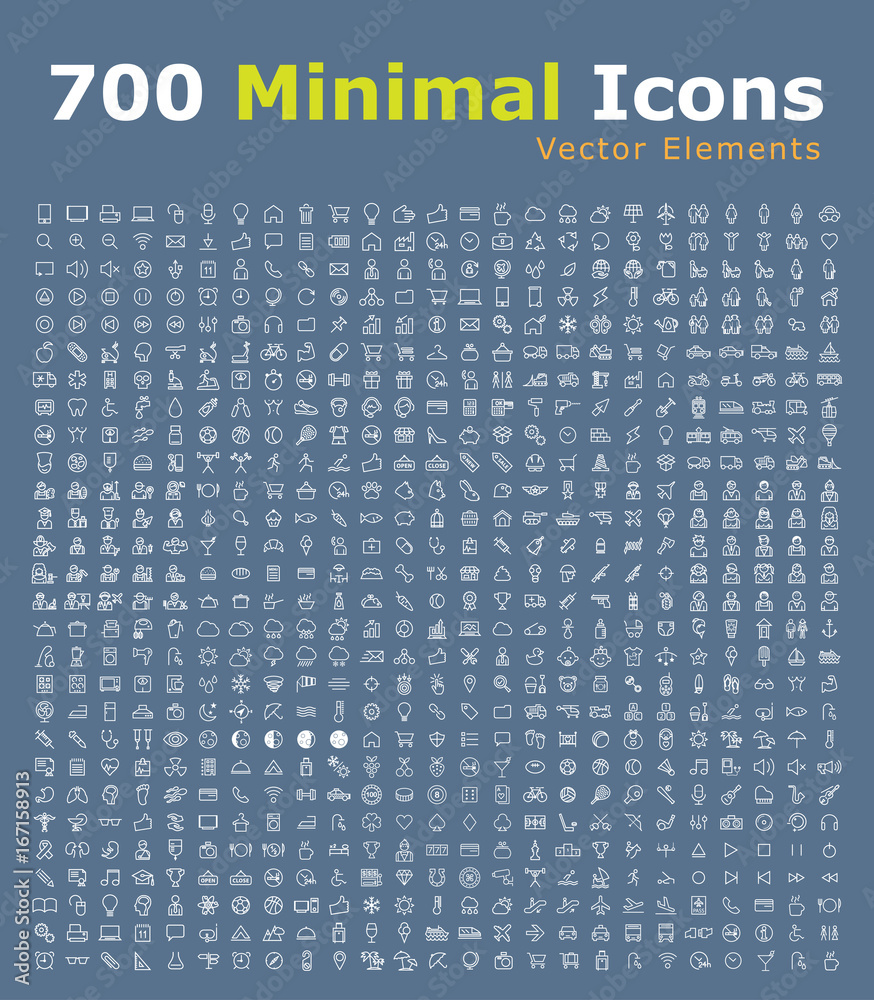 Poster set of 700 minimalistic icons . isolated vector elements