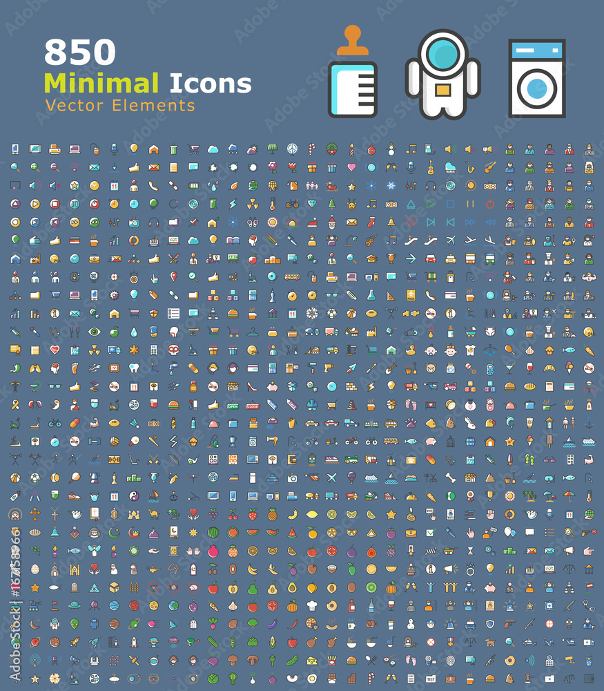 Poster set of 850 minimalistic solid colored icons . isolated vector elements