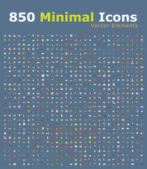 Set of 850 Minimalistic Solid Colored Icons on Blue Background . Isolated Vector Elements