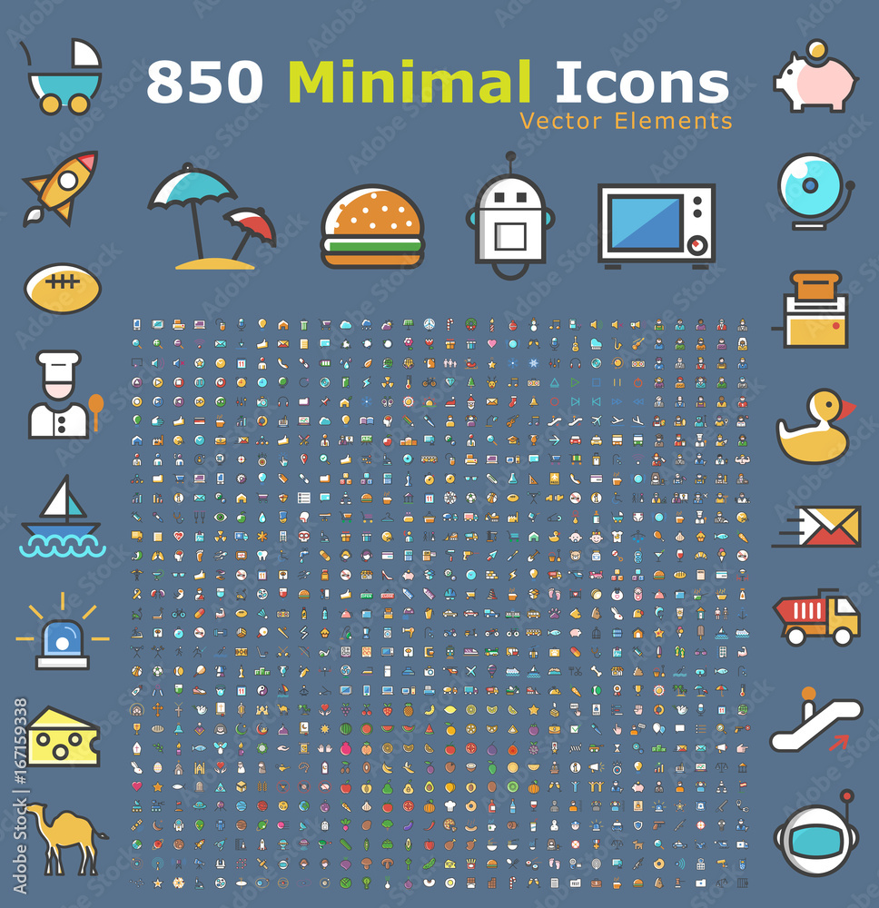 Poster set of 850 minimalistic solid colored icons . isolated vector elements