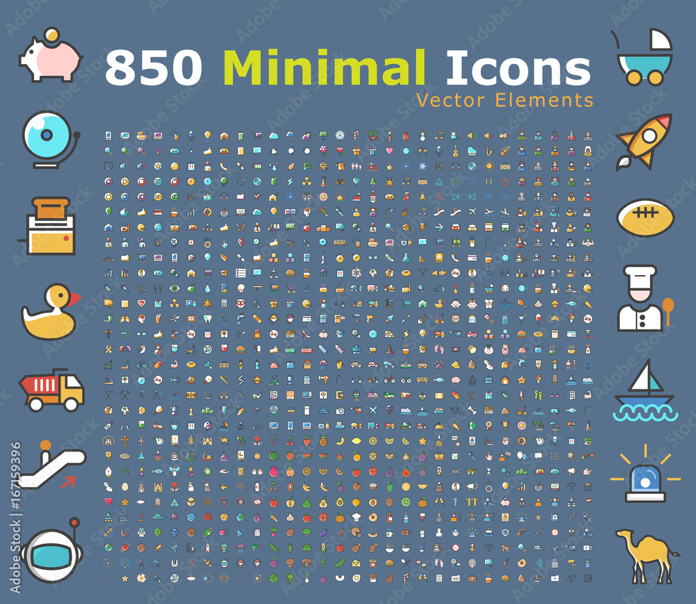 Wall mural set of 850 minimalistic solid colored icons . isolated vector elements