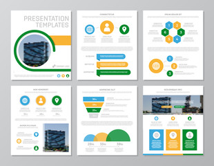 Naklejka na ściany i meble Set of green and blue, yellow elements for multipurpose a4 presentation template slides with graphs and charts. Leaflet, corporate report, marketing, advertising, annual report, book cover design.