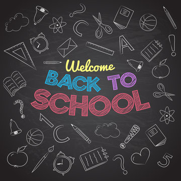 Funny poster "Back to School" with hand drawn doodles. Vector.