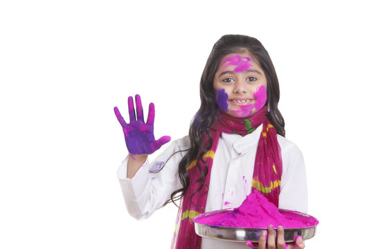 Portrait Of A Girl With A Thali Of Holi Colour