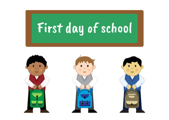Pupils with backpacks near the school board with the inscription back to school, vector illustration