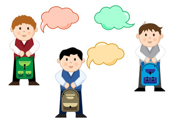 Schoolboys with backpacks and dialog box, color set, vector illustration