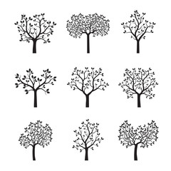 Set of black Trees with Leaves. Vector Illustration.