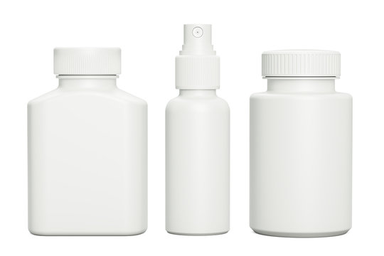 Blank template medical packaging for pill and liquid medication. Spray bottle, containers for drugs, medicine jars with cap, 3D rendering