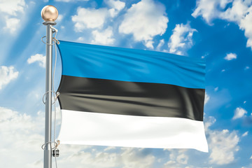 Estonian flag waving in blue cloudy sky, 3D rendering