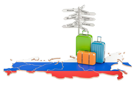 Russia travel concept. Suitcases with signpost on Russian map, 3D rendering