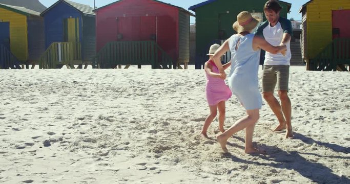 Multi-generation family playing ring around the rosie at beach