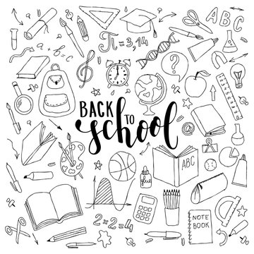big set of hand drawn doodle welcome back to school with lettering. Hand drawn calligraphy and brush pen lettering phrase back to school