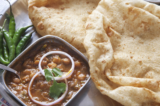 Close-up chole bhature served at table