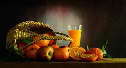 Still Life Orange Juice and Apple Mix Fruits on Vintage Wood Table with Copy Space Background