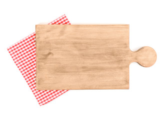 Wooden board with napkin on white background