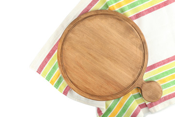 Wooden board with napkin on white background