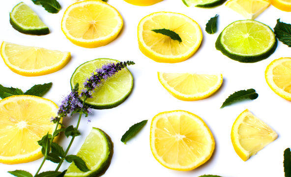 Lemon and lime slices with mint leaves