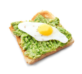 Tasty breakfast toast with avocado and quail egg on white background