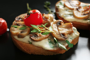 Tasty breakfast toast with mushrooms, closeup