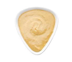 Bowl of delicious mustard sauce on white background