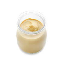 Obraz na płótnie Canvas Jar of delicious mustard sauce on white background