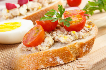 Fresh sandwiches or baguette with mackerel or tuna fish paste