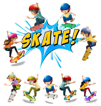 Many kids playing skate