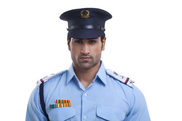 Close-up portrait of a security guard 