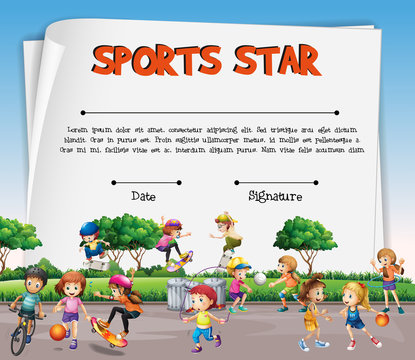 Sports star certificate template with kids playing sports