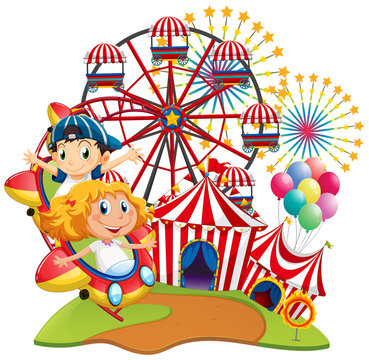 Circus scene with kids on the ride
