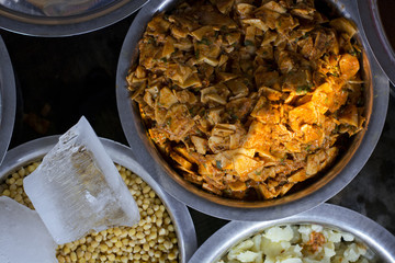Directly above shot of street food displayed in container