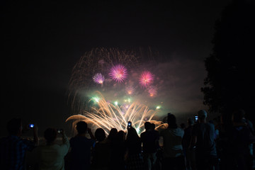 Night celebration fireworks festival Vancouver ocean shore background