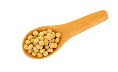 soybean in wood spoon, isolated on white