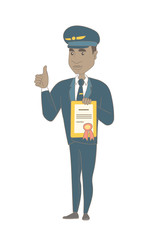 Young african airplane pilot holding a certificate