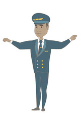 Young african airplane pilot with arms outstretched. Full length of happy pilot in uniform gesturing his outstretched arms as a plane. Vector sketch cartoon illustration isolated on white background