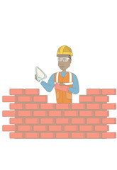African-american bricklayer in uniform and hard hat. Young bicklayer working with spatula and brick. Bricklayer building brick wall. Vector sketch cartoon illustration isolated on white background.
