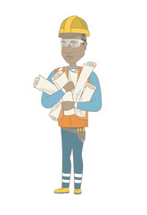Young african-american engineer in hard hat holding many twisted blueprints. Vector sketch cartoon illustration isolated on white background.