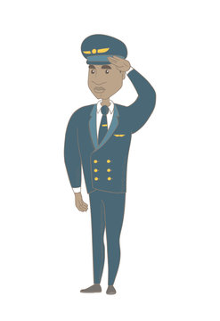 African-american airplane pilot in uniform gives salute. Young airplane pilot saluting. Pilot with a serious facial expression saluting. Vector sketch cartoon illustration isolated on white background