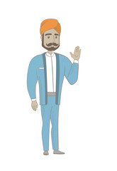 Hindu businessman waving his hand. Full length of businessman waving his hand. Businessman making greeting gesture - waving hand. Vector sketch cartoon illustration isolated on white background.