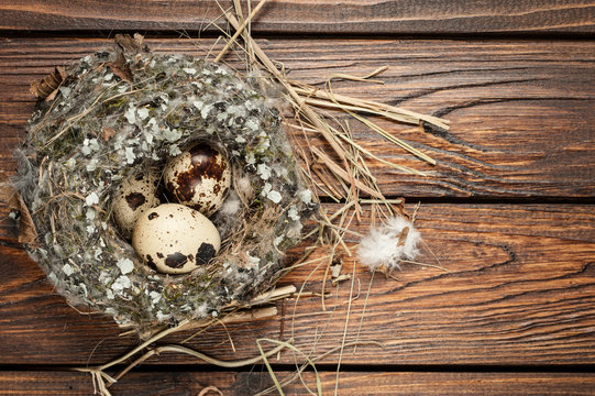 quail eggs in a nest over old wooden background top view