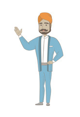 Smiling hindu businessman pointing at something by his hand. Full length of businessman gesticulating by his hand. Vector sketch cartoon illustration isolated on white background.