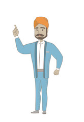 Cheerful hindu businessman pointing with his forefinger up. Full length of young smiling businessman pointing forefinger up. Vector sketch cartoon illustration isolated on white background.