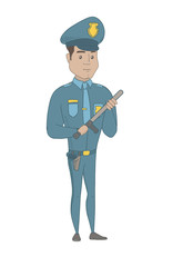 Hispanic policeman wearing blue uniform and holding a baton in hand