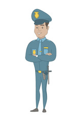Hispanic confident smiling policeman in uniform standing with folded arms. Full length of young confident policeman with folded arms. Vector sketch cartoon illustration isolated on white background.