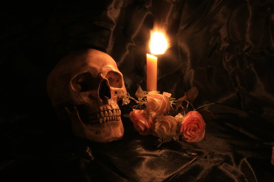 Human skull with roses over black fabric texture background with light candle in dim halloween night on old wooden table  / Still life Image