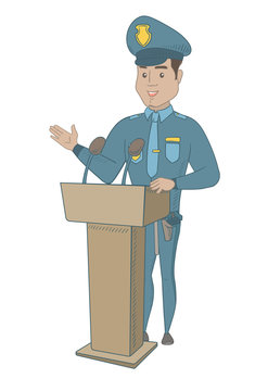 Hispanic policeman speaking to audience from the tribune. Policeman standing behind the tribune with microphones and giving a speech. Vector sketch cartoon illustration isolated on white background.